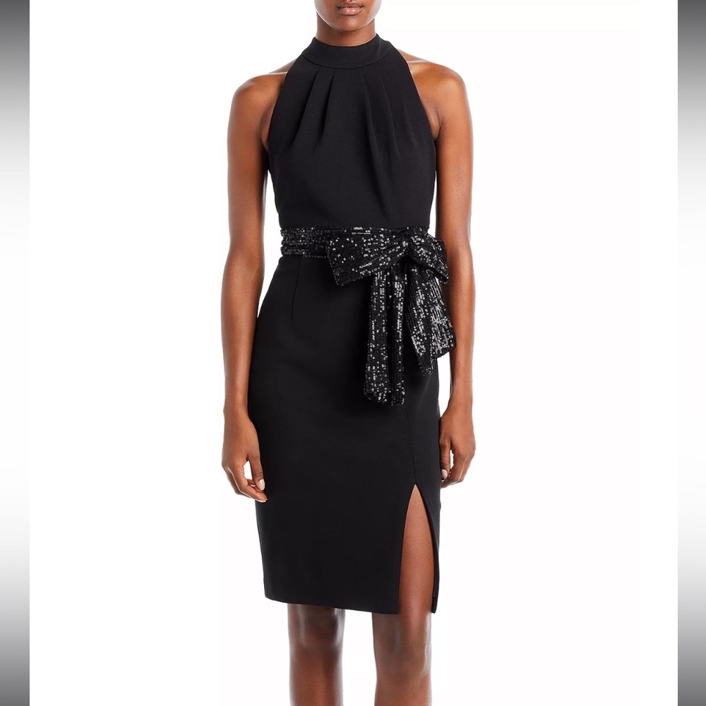 NWT Eliza J Black Sequin Belt Halter Sheath Dress, size 2